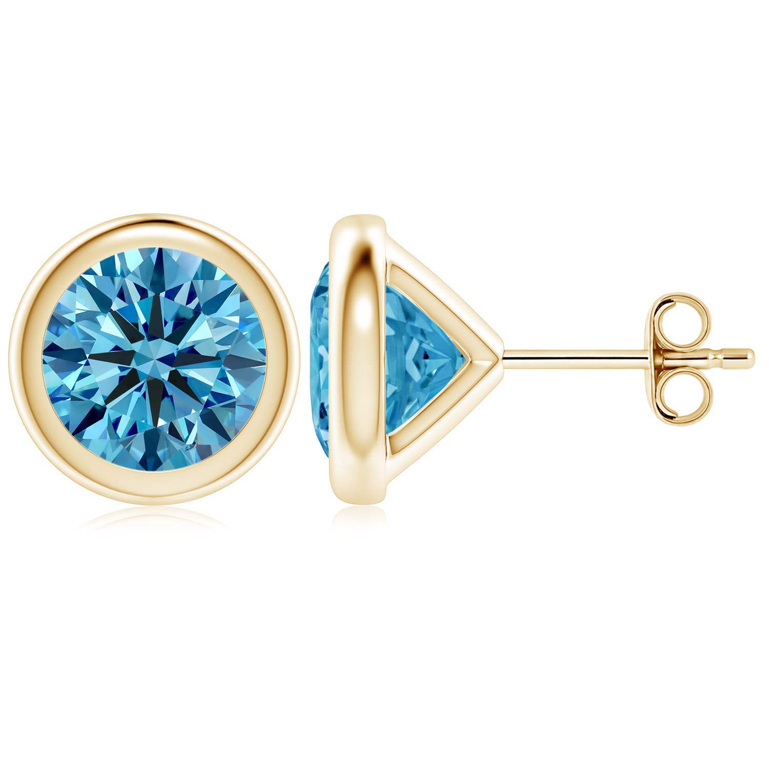 7.4mm AAAA Bezel-Set Fancy Intense Blue Diamond Martini Stud Earrings in 18K Yellow Gold