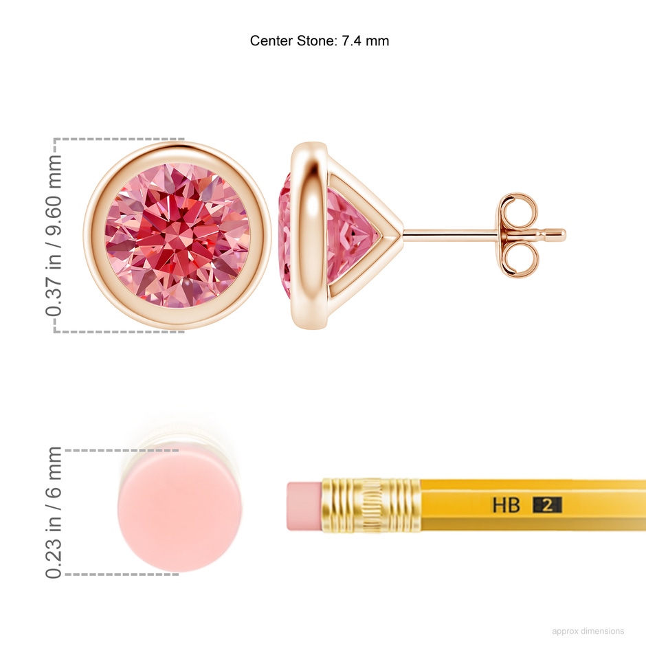 7.4mm AAAA Bezel-Set Fancy Intense Pink Diamond Martini Stud Earrings in Rose Gold ruler