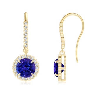 7mm AAAA Vintage Style Tanzanite Drop Earrings with Halo Diamond in 18K Yellow Gold