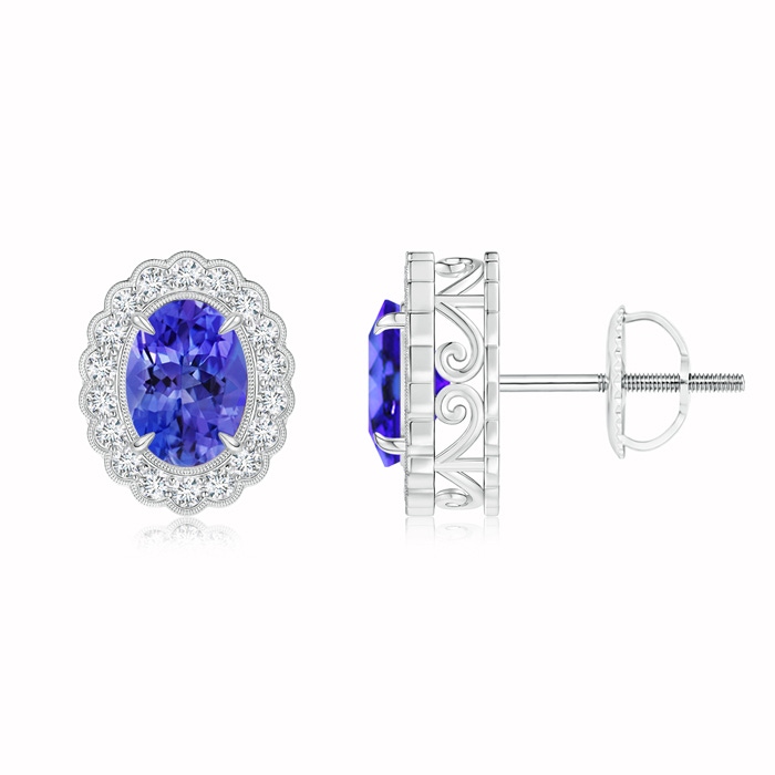 7x5mm AAA Oval Tanzanite Halo Stud Earrings with Milgrain Detailing
 in White Gold