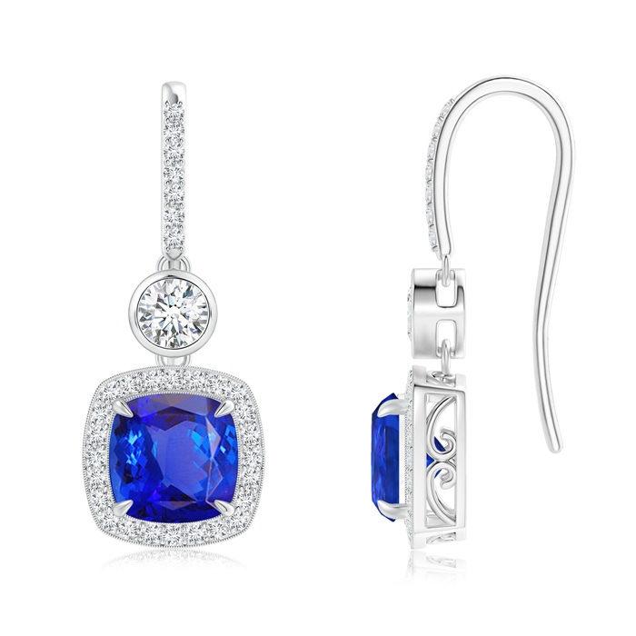 7mm AAA Fish-Hook Cushion Tanzanite Dangle Earrings with Diamonds in White Gold 