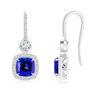 7mm AAAA Fish-Hook Cushion Tanzanite Dangle Earrings with Diamonds in White Gold