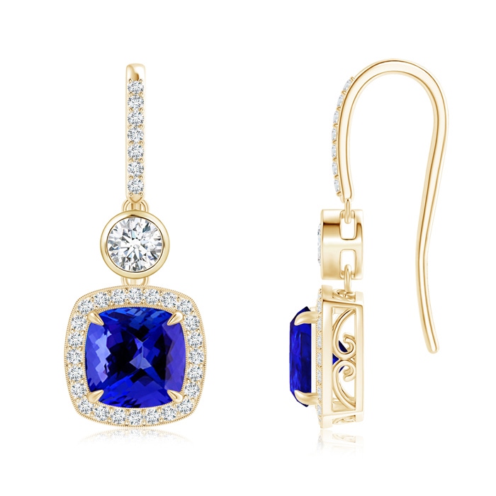 7mm AAAA Fish-Hook Cushion Tanzanite Dangle Earrings with Diamonds in Yellow Gold