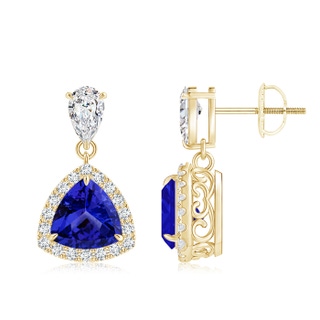 6mm AAAA Claw-Set Trillion Tanzanite Halo Earrings in 18K Yellow Gold