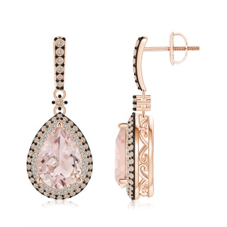 10x7mm A Morganite Drop Earrings with Coffee and White Diamond Halo in Rose Gold