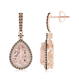 10x7mm AA Morganite Drop Earrings with Coffee and White Diamond Halo in Rose Gold