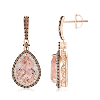 10x7mm AAA Morganite Drop Earrings with Coffee and White Diamond Halo in 9K Rose Gold