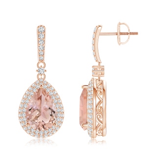 10x7mm AAA Morganite Drop Earrings with Diamond Double Halo in Rose Gold