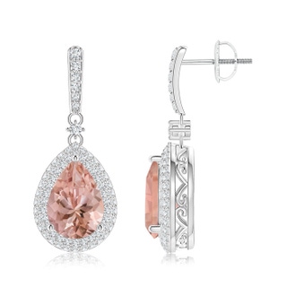 10x7mm AAAA Morganite Drop Earrings with Diamond Double Halo in P950 Platinum