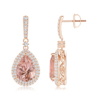 10x7mm AAAA Morganite Drop Earrings with Diamond Double Halo in Rose Gold