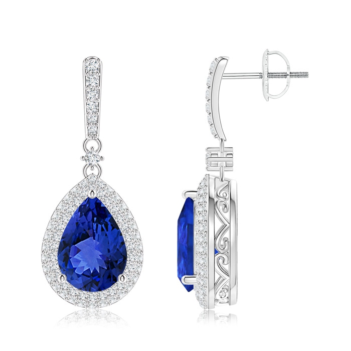 10x7mm AAA Tanzanite Drop Earrings with Diamond Double Halo in 18K White Gold 