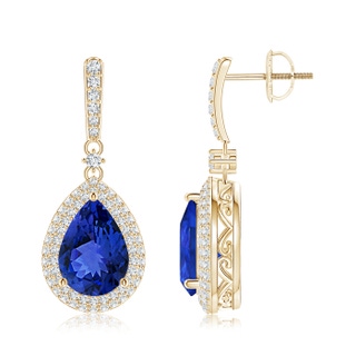 10x7mm AAA Tanzanite Drop Earrings with Diamond Double Halo in Yellow Gold