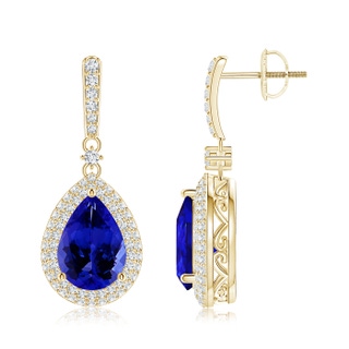 10x7mm AAAA Tanzanite Drop Earrings with Diamond Double Halo in 18K Yellow Gold