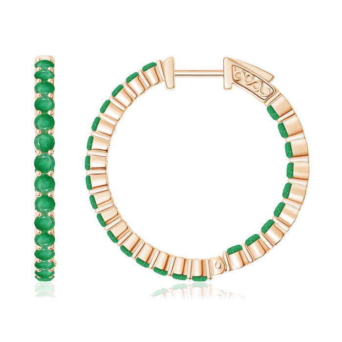 1.6mm A Round Emerald Inside Out Hoop Earrings in Rose Gold 