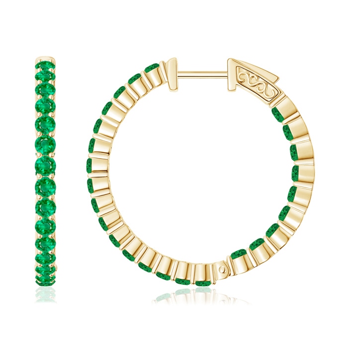 1.6mm AAA Round Emerald Inside Out Hoop Earrings in Yellow Gold 