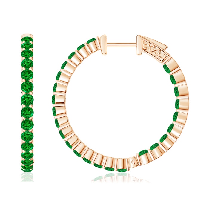 1.6mm AAAA Round Emerald Inside Out Hoop Earrings in Rose Gold 