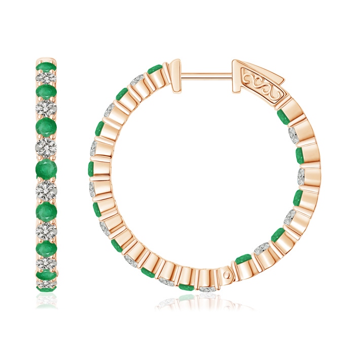 1.6mm A Round Emerald and Diamond Inside Out Hoop Earrings in Rose Gold 