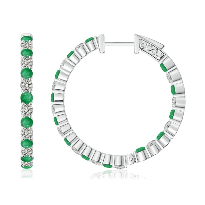 1.6mm A Round Emerald and Diamond Inside Out Hoop Earrings in White Gold 