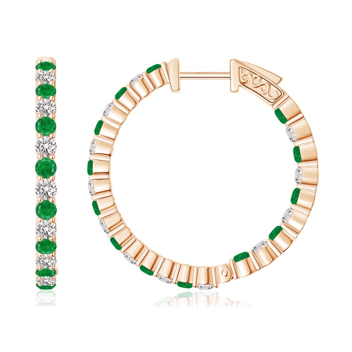 1.6mm AA Round Emerald and Diamond Inside Out Hoop Earrings in Rose Gold 
