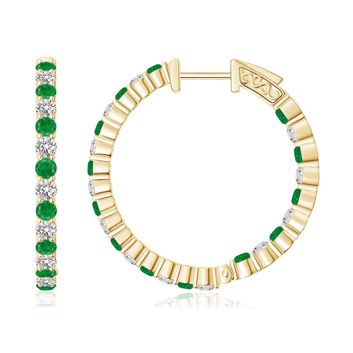 1.6mm AA Round Emerald and Diamond Inside Out Hoop Earrings in Yellow Gold 