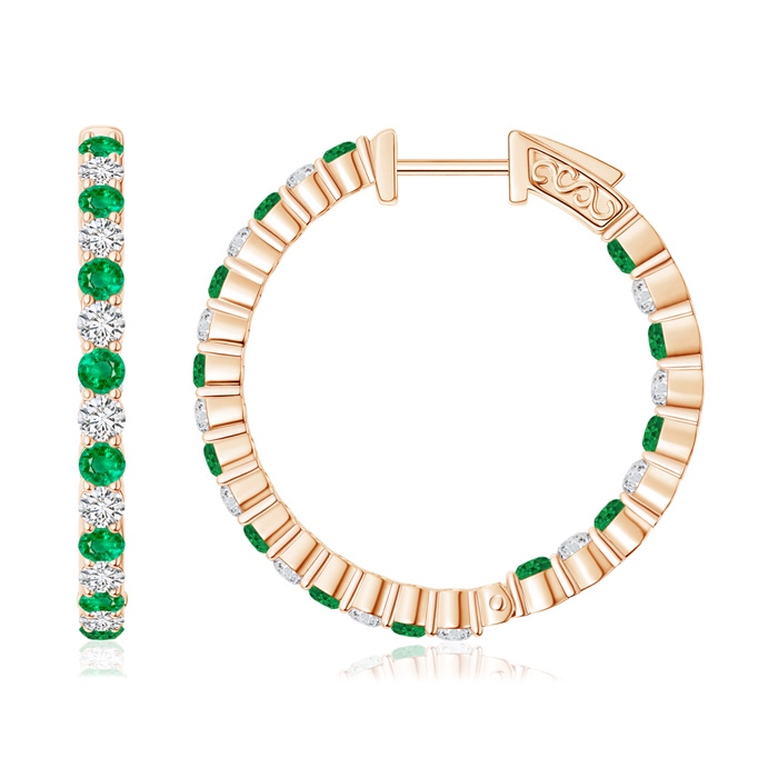 1.6mm AAA Round Emerald and Diamond Inside Out Hoop Earrings in Rose Gold 