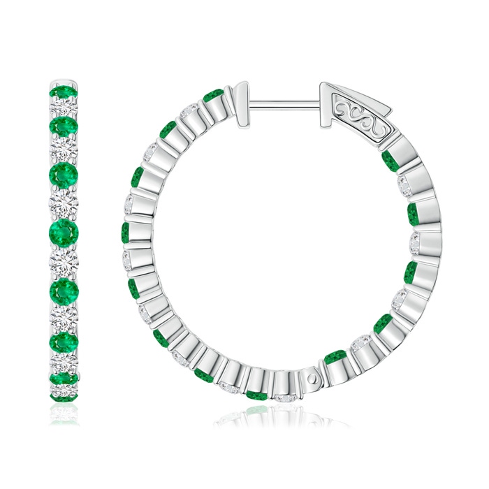 1.6mm AAA Round Emerald and Diamond Inside Out Hoop Earrings in White Gold 