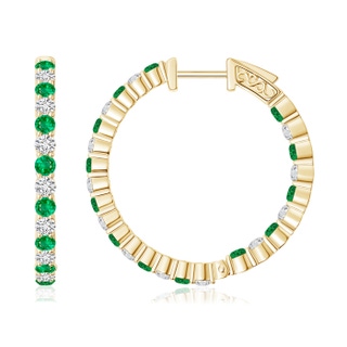 1.6mm AAA Round Emerald and Diamond Inside Out Hoop Earrings in Yellow Gold