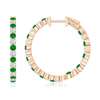1.6mm AAAA Round Emerald and Diamond Inside Out Hoop Earrings in 10K Rose Gold