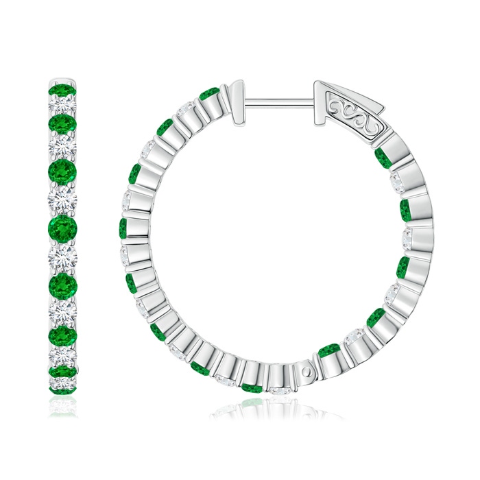1.6mm AAAA Round Emerald and Diamond Inside Out Hoop Earrings in White Gold