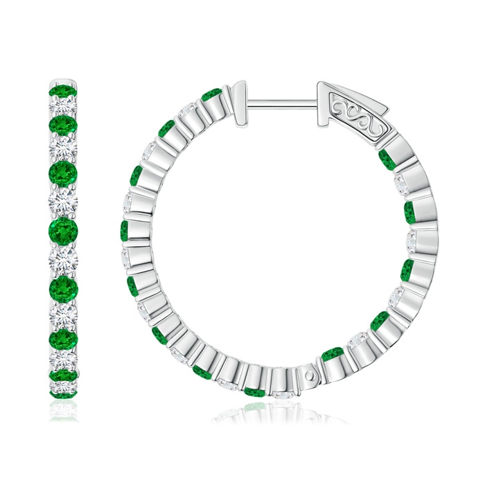 1.6mm AAAA Round Emerald and Diamond Inside Out Hoop Earrings in White Gold 