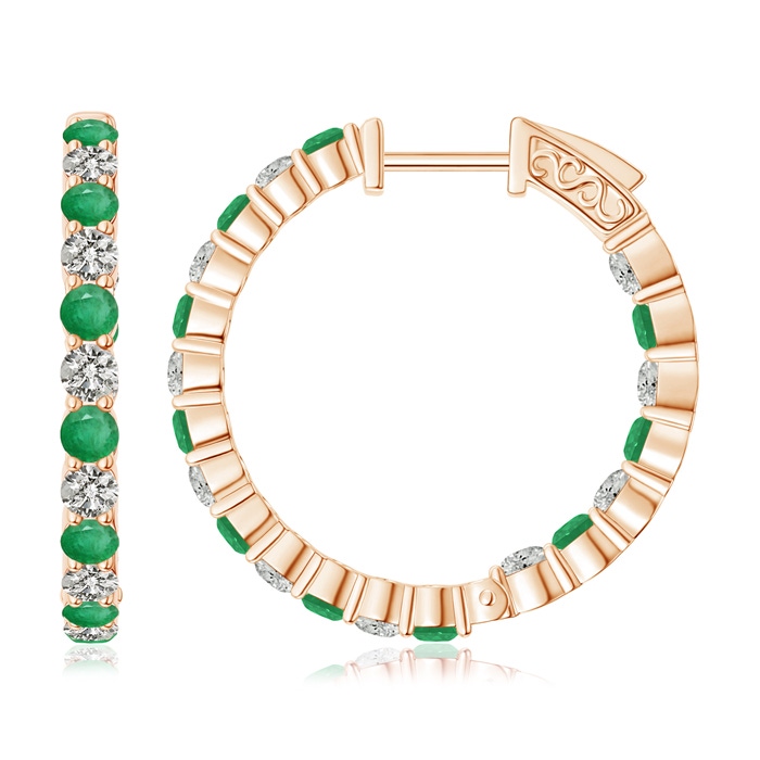 2.1mm A Round Emerald and Diamond Inside Out Hoop Earrings in Rose Gold 