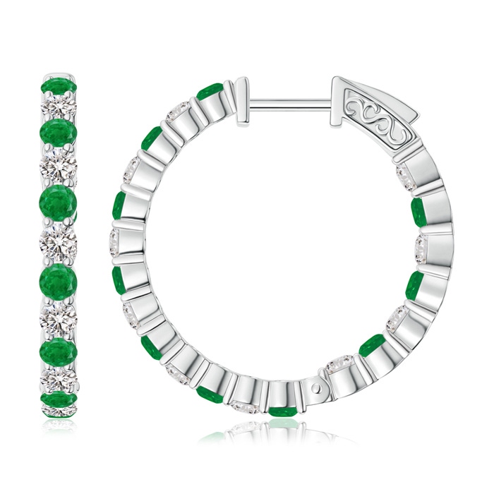 2.1mm AA Round Emerald and Diamond Inside Out Hoop Earrings in White Gold 