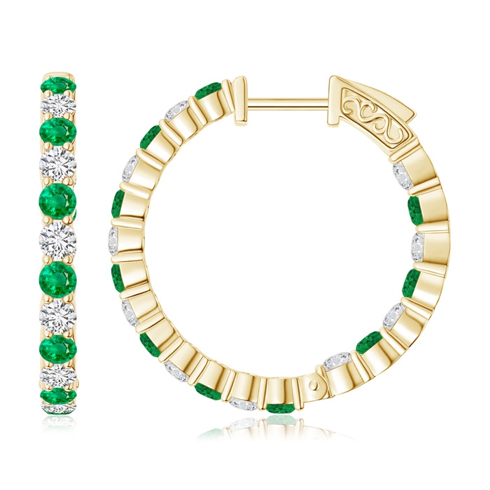 2.1mm AAA Round Emerald and Diamond Inside Out Hoop Earrings in Yellow Gold 
