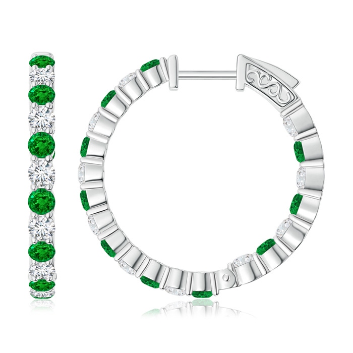2.1mm AAAA Round Emerald and Diamond Inside Out Hoop Earrings in White Gold 