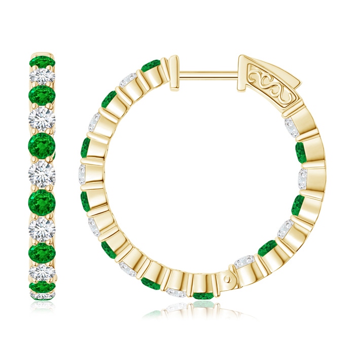 2.1mm AAAA Round Emerald and Diamond Inside Out Hoop Earrings in Yellow Gold