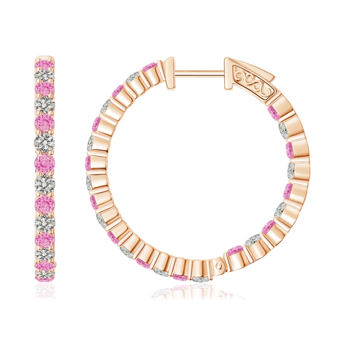 1.6mm A Round Pink Sapphire and Diamond Inside Out Hoop Earrings in Rose Gold 