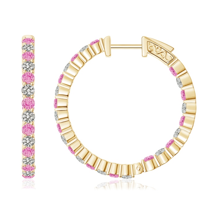 1.6mm A Round Pink Sapphire and Diamond Inside Out Hoop Earrings in Yellow Gold 