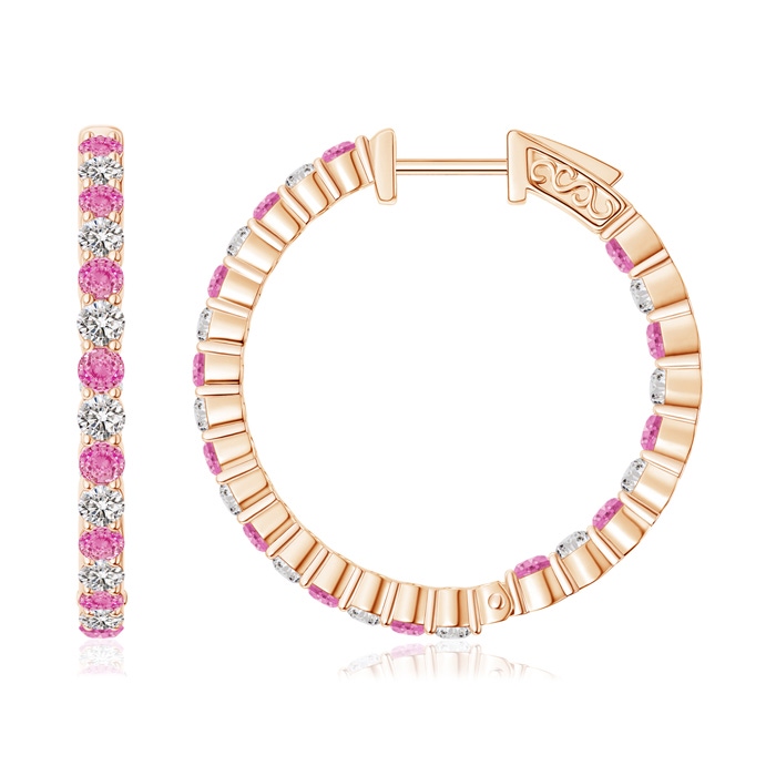 1.6mm AA Round Pink Sapphire and Diamond Inside Out Hoop Earrings in Rose Gold 