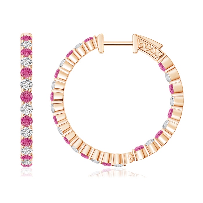 1.6mm AAA Round Pink Sapphire and Diamond Inside Out Hoop Earrings in Rose Gold 