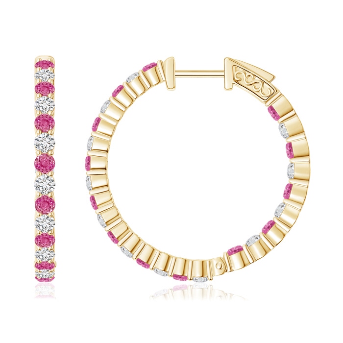 1.6mm AAA Round Pink Sapphire and Diamond Inside Out Hoop Earrings in Yellow Gold 