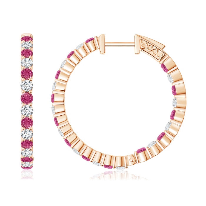 1.6mm AAAA Round Pink Sapphire and Diamond Inside Out Hoop Earrings in Rose Gold 