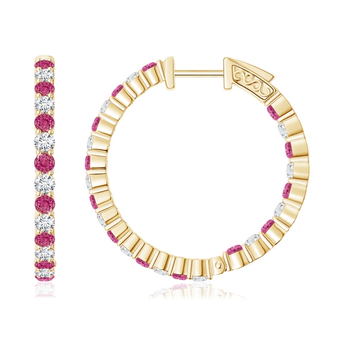 1.6mm AAAA Round Pink Sapphire and Diamond Inside Out Hoop Earrings in Yellow Gold 