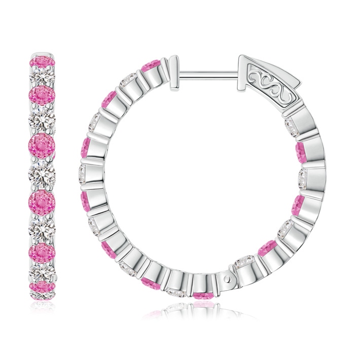 2.1mm AA Round Pink Sapphire and Diamond Inside Out Hoop Earrings in White Gold 