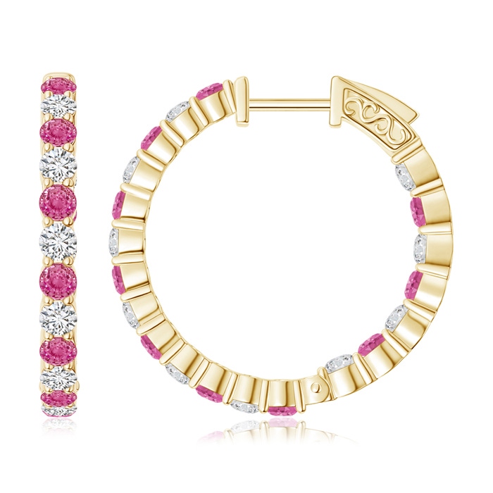 2.1mm AAA Round Pink Sapphire and Diamond Inside Out Hoop Earrings in Yellow Gold 