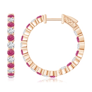 2.1mm AAAA Round Pink Sapphire and Diamond Inside Out Hoop Earrings in Rose Gold