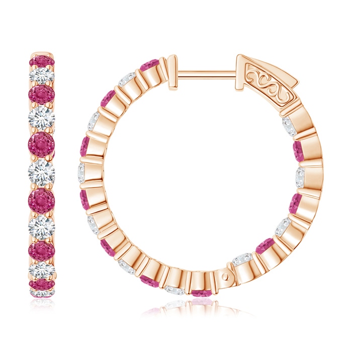2.1mm AAAA Round Pink Sapphire and Diamond Inside Out Hoop Earrings in Rose Gold 