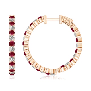 1.6mm A Round Ruby and Diamond Inside Out Hoop Earrings in 9K Rose Gold