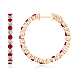 1.6mm AA Round Ruby and Diamond Inside Out Hoop Earrings in 9K Rose Gold