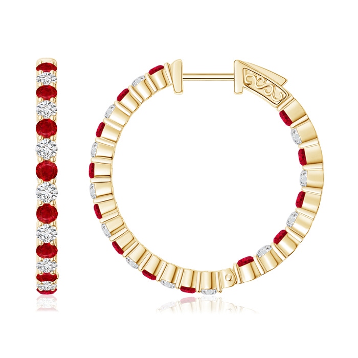 1.6mm AAA Round Ruby and Diamond Inside Out Hoop Earrings in 9K Yellow Gold 