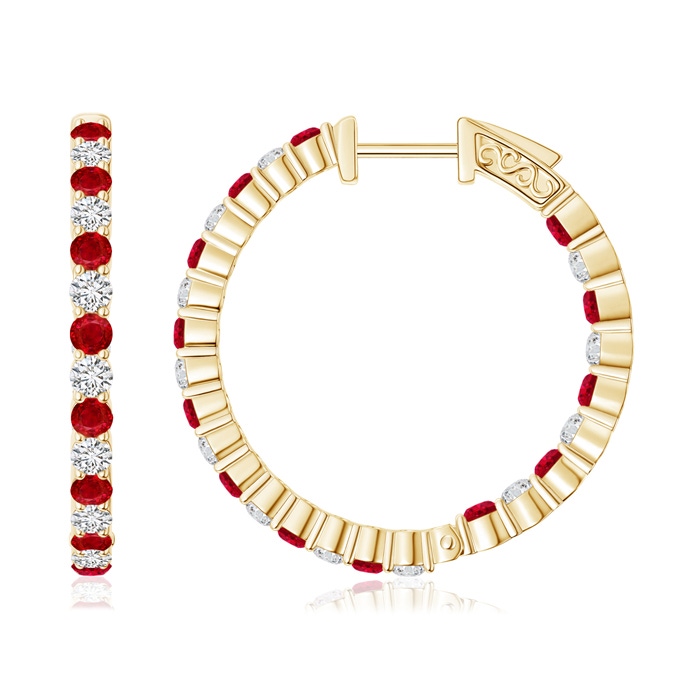 1.6mm AAA Round Ruby and Diamond Inside Out Hoop Earrings in 9K Yellow Gold